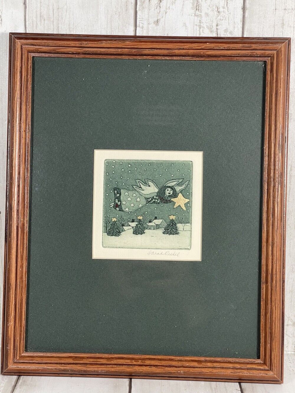 Sarah Rishel Etching Print Framed And Signed Angel Christmas Wintertime